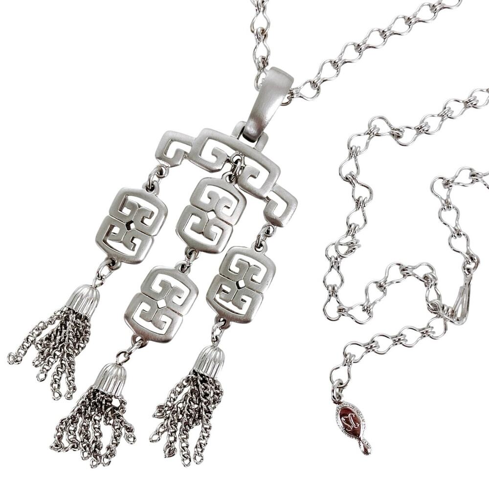 Vintage 1960s Signed Crown Trifari Mod Pendant Silver Tone Tassels Collectible